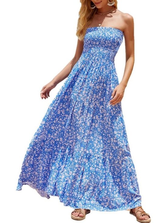 Dresses & Skirts - Women's Blue Floral Strapless Tube Top Off Shoulder Boho Beach Long Maxi Dress